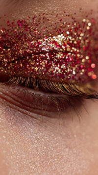 Glittery Makeup Look With Gold And Red Glitter Close Up Shot Of A Person S Eye With Glittery Makeup Around It — Stock Photo
