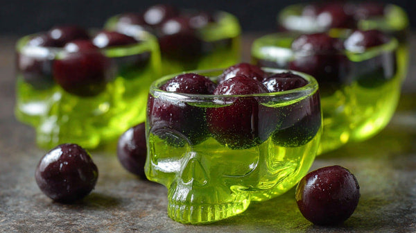 Displays A Collection Of Green Skull Glasses Filled With Cranberries Placed On A Surface — Stock Photo