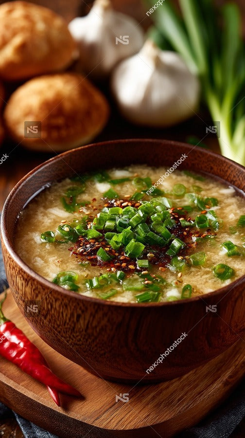 A Bowl Of Creamy Soup Garnished With Green Onions Placed On A Wooden Table — Stock Photo