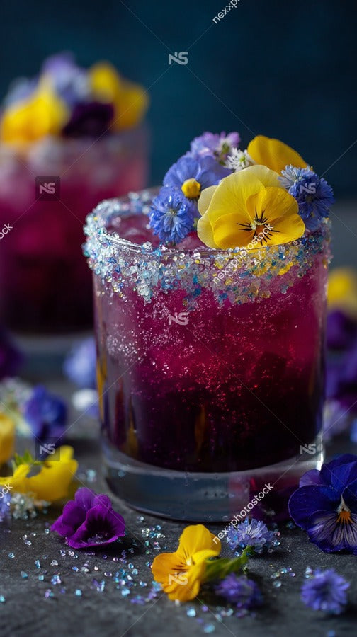 Two Glasses Filled With Raspberry Margaritas Garnished With Edible Flowers And Sprinkled With Sugar Crystals Placed On A Dark Surface — Stock Photo