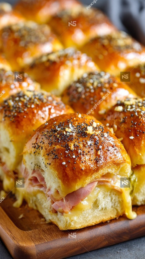 A Tray Of Bread Rolls Topped With Cheese And Ham Placed On A Wooden Board — Stock Photo