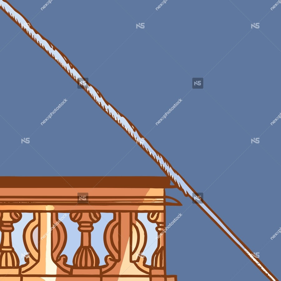 Top Down View Of A Balcony With A Rope And Pulley System Against A Blue Sky Background — Stock Vector