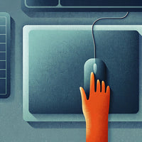 A Hand Holding A Computer Mouse Over A Keyboard Set Against A Backdrop Of Computer Equipment And Screens — Stock Illustration