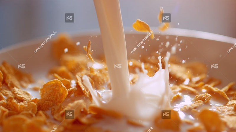 A Bowl Of Cereal With Milk Being Poured In Captured From A Top Down Perspective — Stock Photo