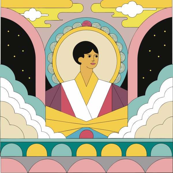 Illustration Of A Person In A Stylized Portrait With A Colorful Background And Decorative Elements — Stock Vector