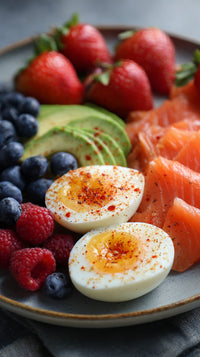 A Colorful Breakfast Platter With A Variety Of Foods Including Eggs Smoked Salmon Berries And Fruits Arranged On A Plate — Stock Photo