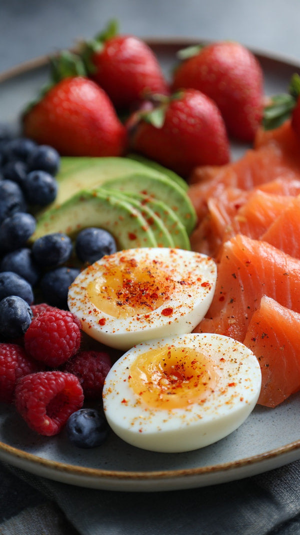 A Colorful Breakfast Platter With A Variety Of Foods Including Eggs Smoked Salmon Berries And Fruits Arranged On A Plate — Stock Photo