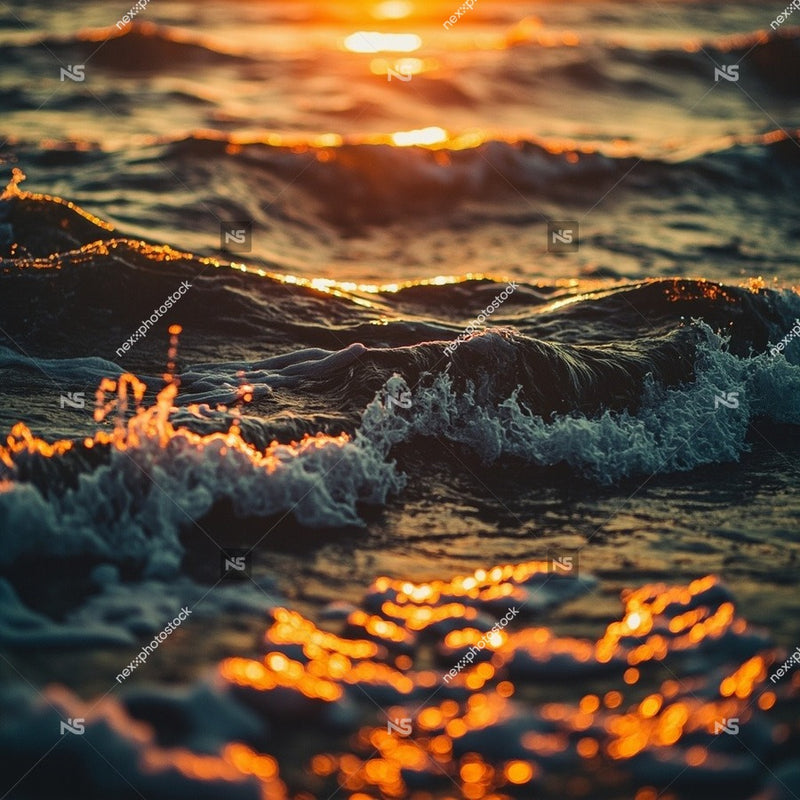 Captures A Serene Sunset Scene Over The Ocean With Waves Gently Lapping Against The Shore — Stock Photo