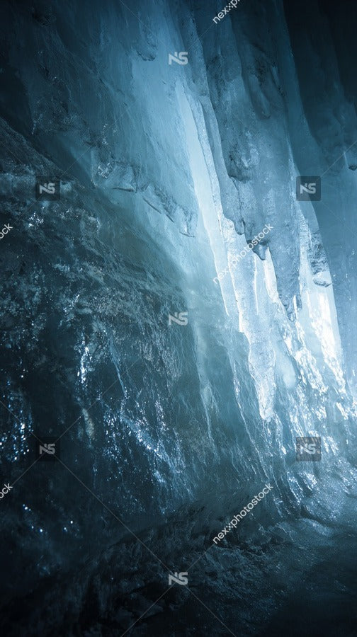 Icy Cave Entrance With Blue Lighting And A Large Icicle Formation In The Foreground — Stock Photo