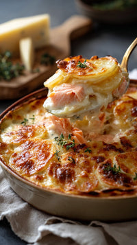 Baked Salmon In A Creamy Sauce Served Over Golden Brown Potatoes In A Cast Iron Skillet — Stock Photo
