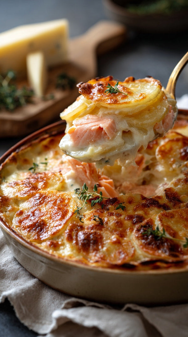 Baked Salmon In A Creamy Sauce Served Over Golden Brown Potatoes In A Cast Iron Skillet — Stock Photo