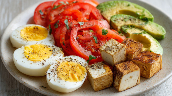 A Vibrant Breakfast Plate A Variety Of Foods Including Eggs Tomatoes Avocado Toast And Other Items — Stock Photo