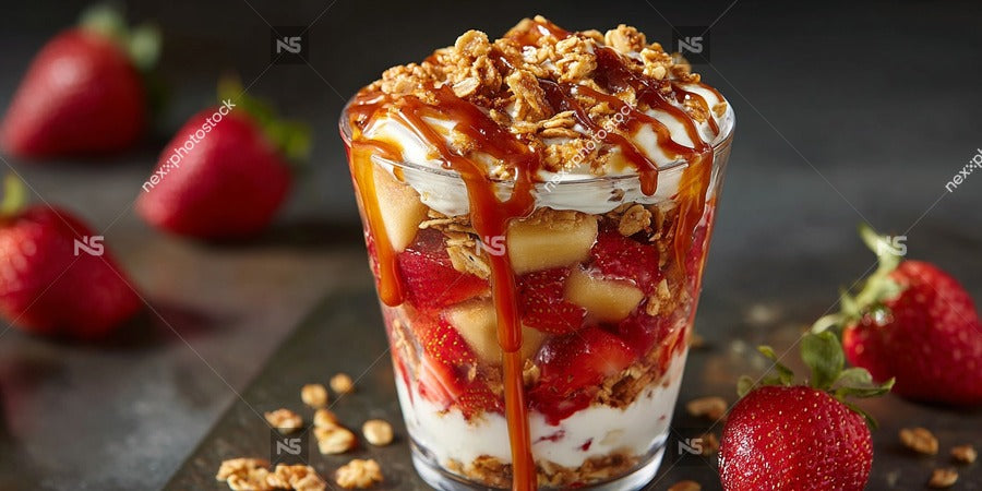 Strawberry Dessert With Caramel Sauce And Nuts On A Black Surface Surrounded By Fresh Strawberries — Stock Photo