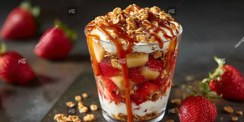 Strawberry Dessert With Caramel Sauce And Nuts On A Black Surface Surrounded By Fresh Strawberries — Stock Photo