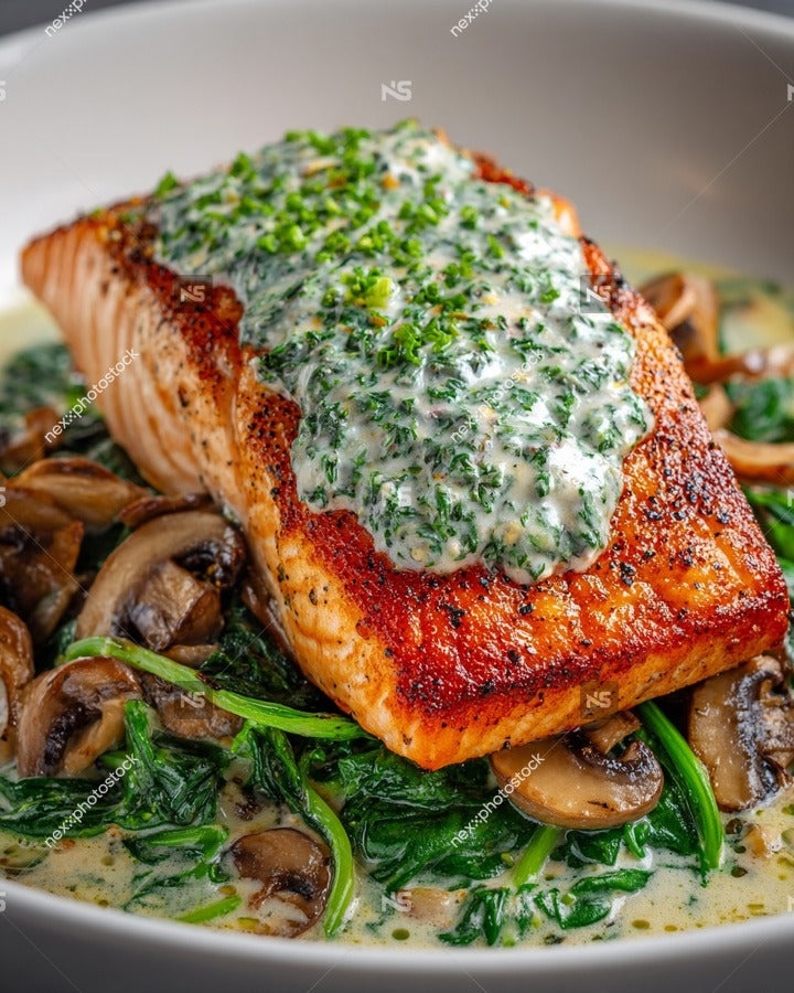 A Plate Of Salmon Topped With Spinach And Pesto Served On A Bed Of Mushrooms — Stock Photo