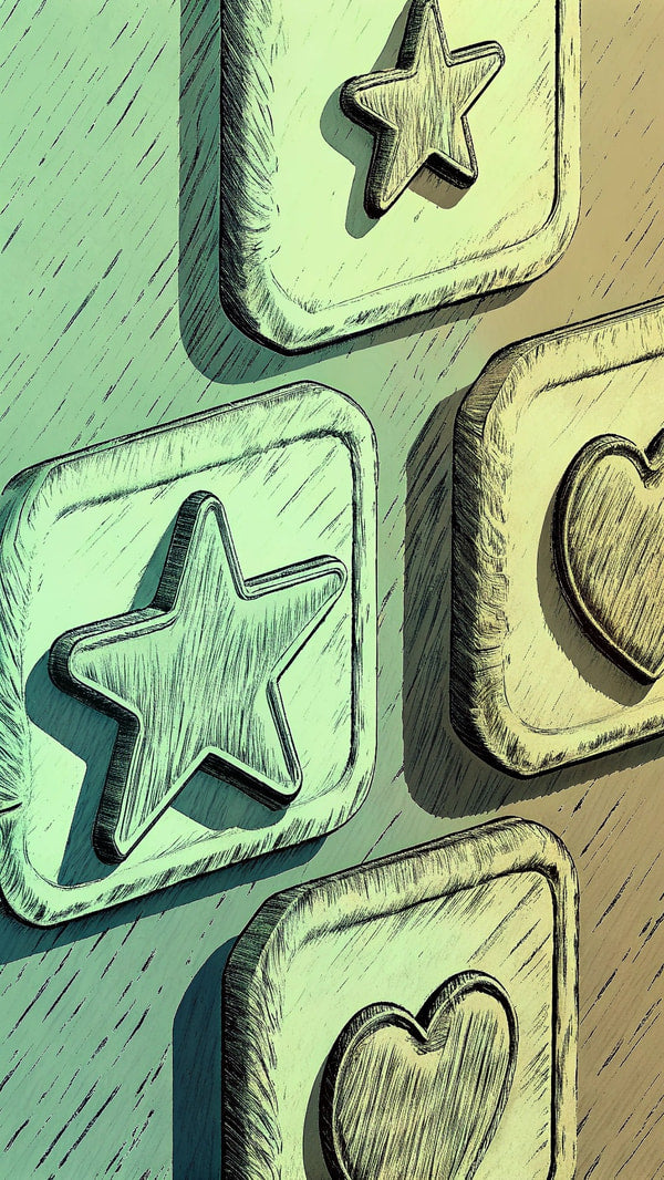Features A Collection Of Star Shaped Stamps Stickers Each With A Heart In The Center Arranged In A Row On A Surface — Stock Illustration