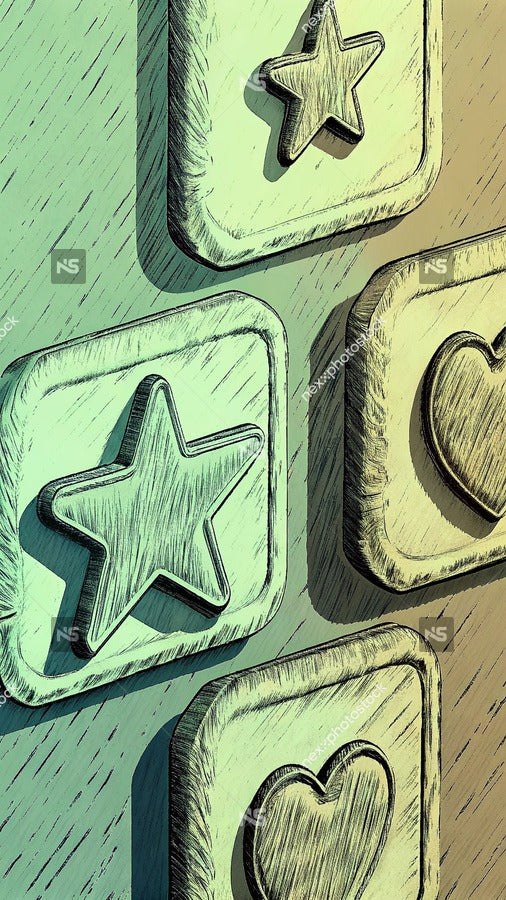 Features A Collection Of Star Shaped Stamps Stickers Each With A Heart In The Center Arranged In A Row On A Surface — Stock Illustration