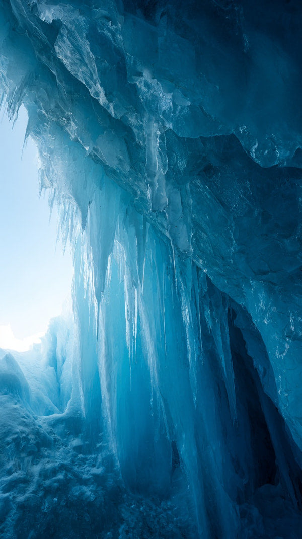 Icy Cave Entrance With Icicles Hanging From Ceiling And Walls Set Against A Blue Background — Stock Photo