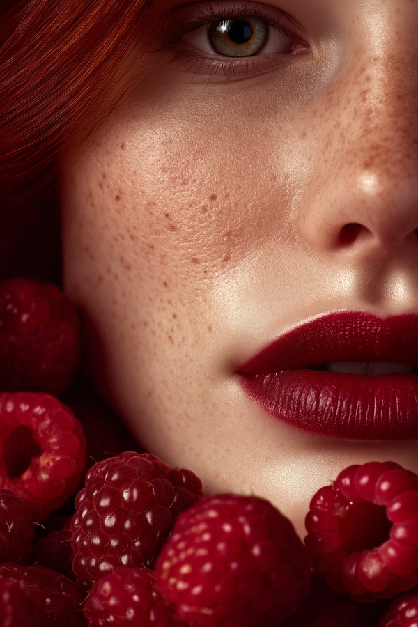 A Close Up Portrait Of A Woman With Red Raspberries Surrounding Her Face Emphasizing Her Lips And Skin Texture — Stock Photo