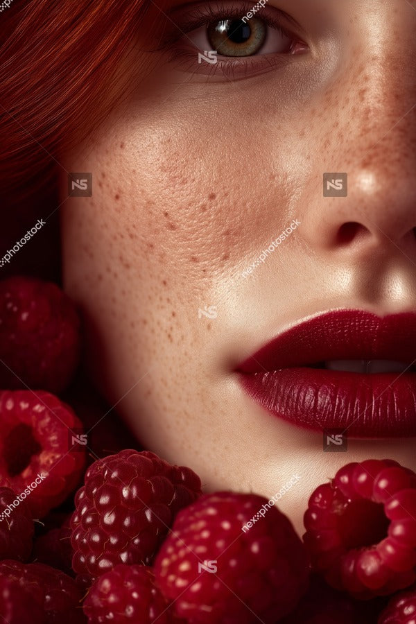 A Close Up Portrait Of A Woman With Red Raspberries Surrounding Her Face Emphasizing Her Lips And Skin Texture — Stock Photo