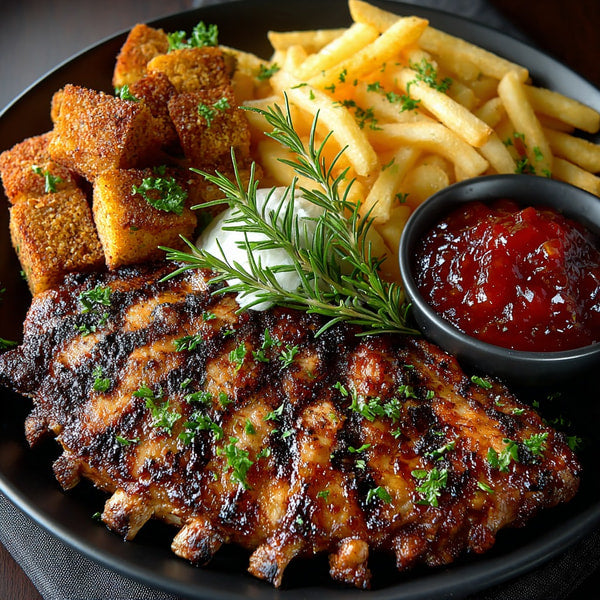 Close Up Of A Plate Of Grilled Chicken And Fries With Dipping Sauce Garnished With Parsley And Served On A Black Plate — Stock Photo