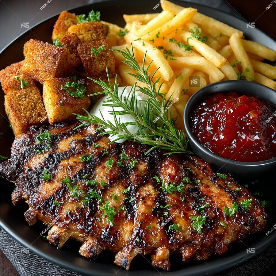 Close Up Of A Plate Of Grilled Chicken And Fries With Dipping Sauce Garnished With Parsley And Served On A Black Plate — Stock Photo