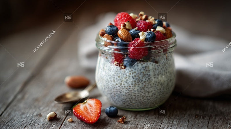 A Jar Of Blueberry Yogurt Parfait With Granola And Berries On A Wooden Surface — Stock Photo
