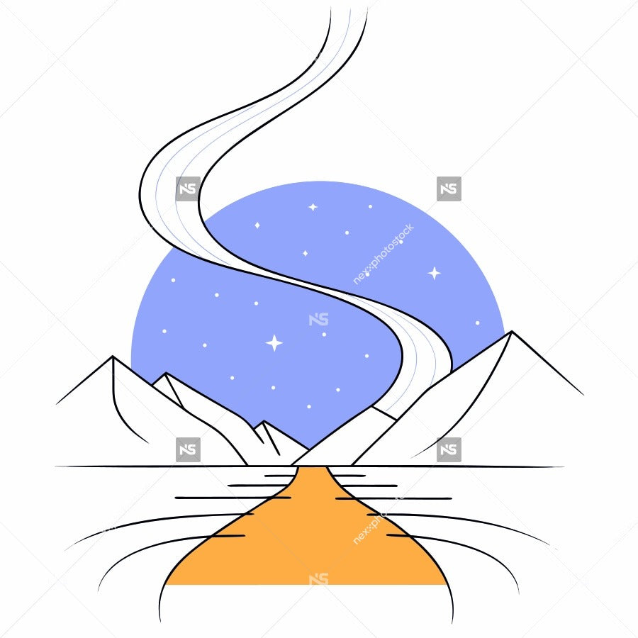 Illustration Of A Mountain Landscape At Night With A Winding Road And Stars In The Sky — Stock Vector