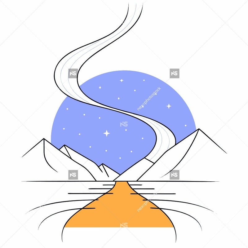 Illustration Of A Mountain Landscape At Night With A Winding Road And Stars In The Sky — Stock Vector