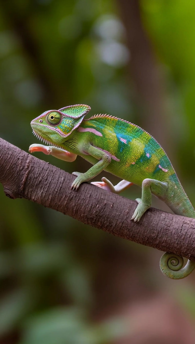 a vibrant chameleon perched on a branch showcasing its vivid colors and unique pattern - Stock Video