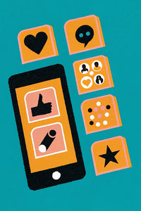 Shows A Smartphone Various Digital Communication Icons Including Social Media Logos And Emojis Against A Blue Background — Stock Illustration