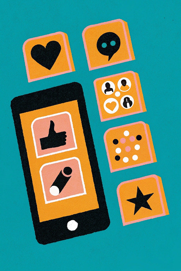 Shows A Smartphone Various Digital Communication Icons Including Social Media Logos And Emojis Against A Blue Background — Stock Illustration
