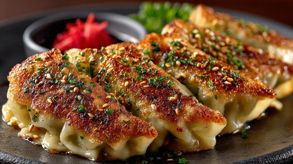 Gourmet Dumplings Served On A Plate With Sesame Seeds And Green Onions Presented In A Restaurant Setting — Stock Photo