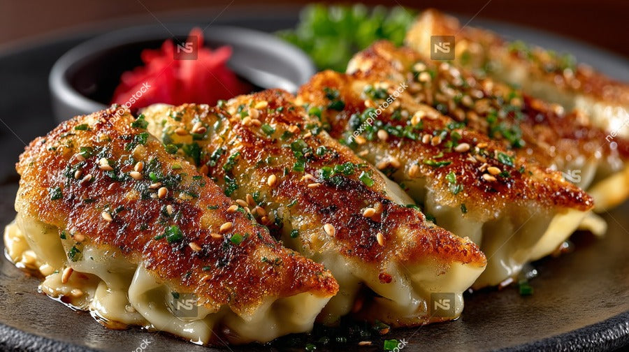 Gourmet Dumplings Served On A Plate With Sesame Seeds And Green Onions Presented In A Restaurant Setting — Stock Photo