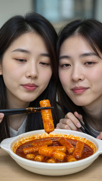 two women enjoying a meal together each holding a pair of chopsticks and dipping into a bowl of red sauce - Stock Video