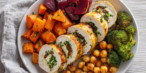 A Plate Of Roasted Chicken And Vegetables Including Carrots And Broccoli Presented On A Dining Table — Stock Photo