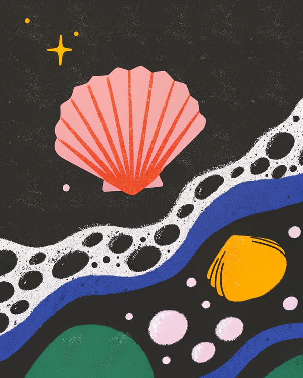 Surfing Adventure With A Vibrant Seashell And Wave Design Set Against A Dark Background — Stock Illustration