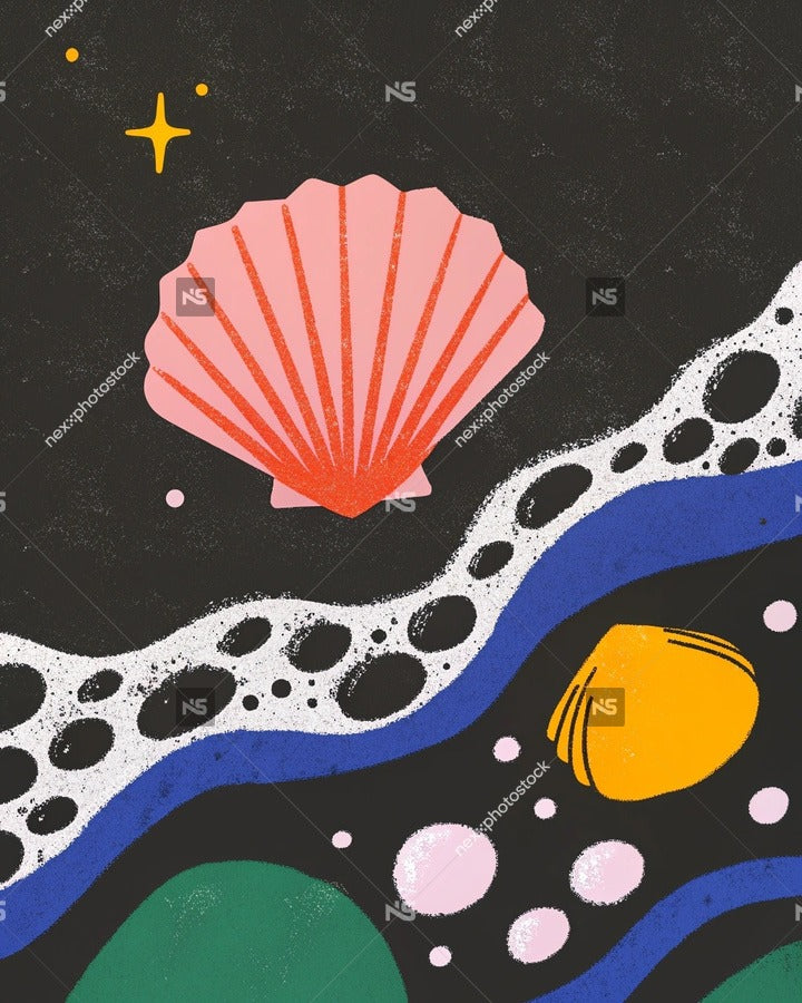 Surfing Adventure With A Vibrant Seashell And Wave Design Set Against A Dark Background — Stock Illustration