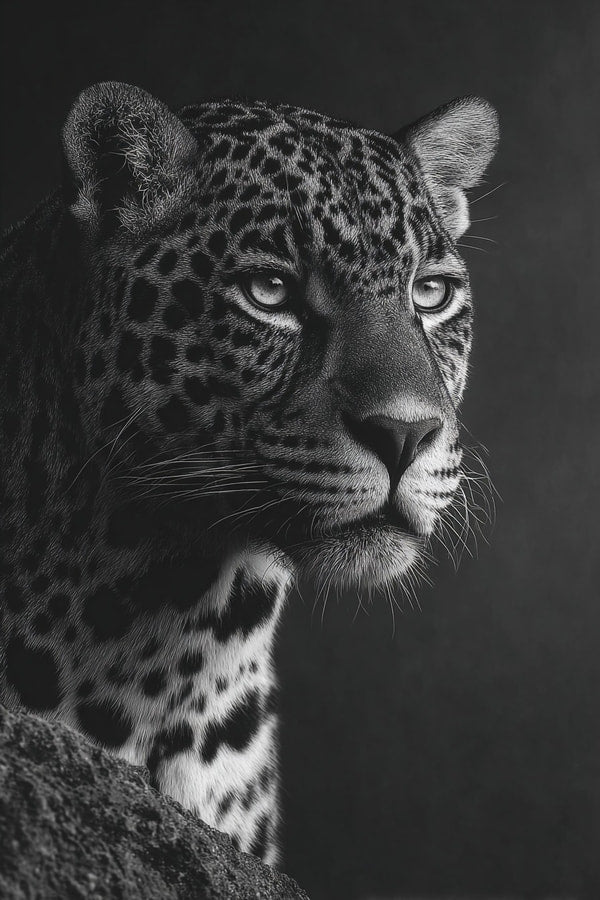 Black And White Portrait Of A Leopard With An Intense Gaze Set Against A Dark Background — Stock Photo
