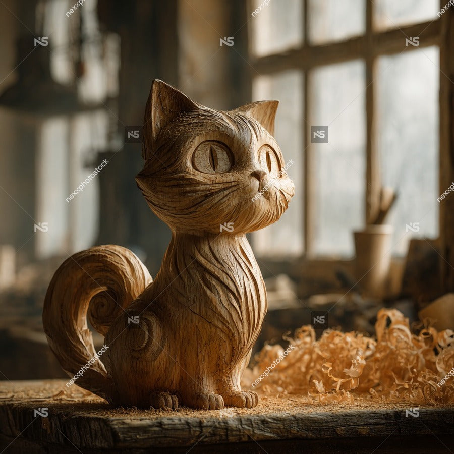 Handcrafted Wooden Cat Figurine In A Workshop Setting With Intricate Details And A Realistic Appearance — Stock Photo