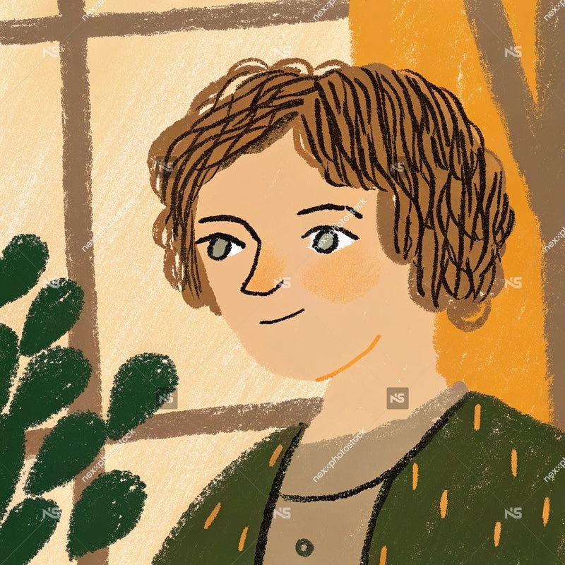 A Woman In A Portrait Style Illustration Set Against A Backdrop That Includes A Window And A Plant — Stock Illustration