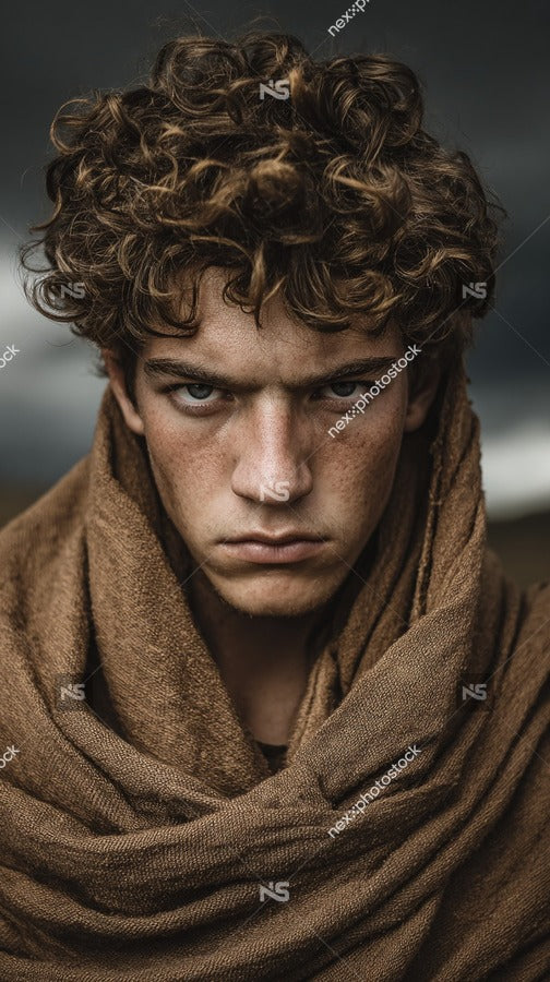 Young Man With Curly Hair And Beard Looking Directly At Camera Wearing A Brown Scarf — Stock Photo
