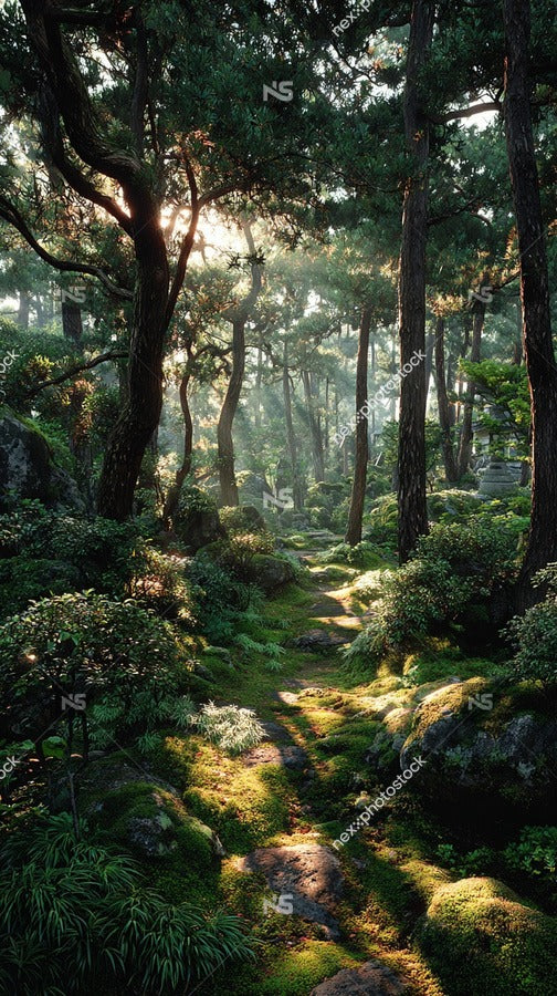 A Tranquil Forest Path Bathed In Sunlight Surrounded By Lush Greenery And Towering Trees — Stock Photo