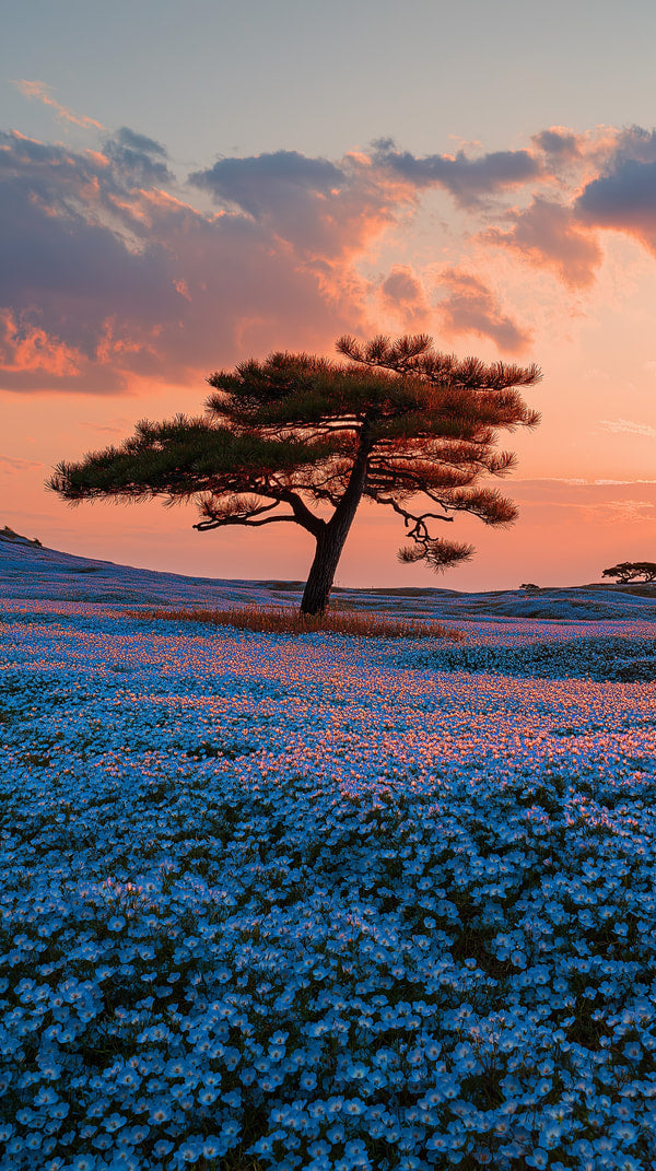 A Sunset Over A Field Of Blue Flowers With A Tall Tree And A Clear Sky — Stock Photo