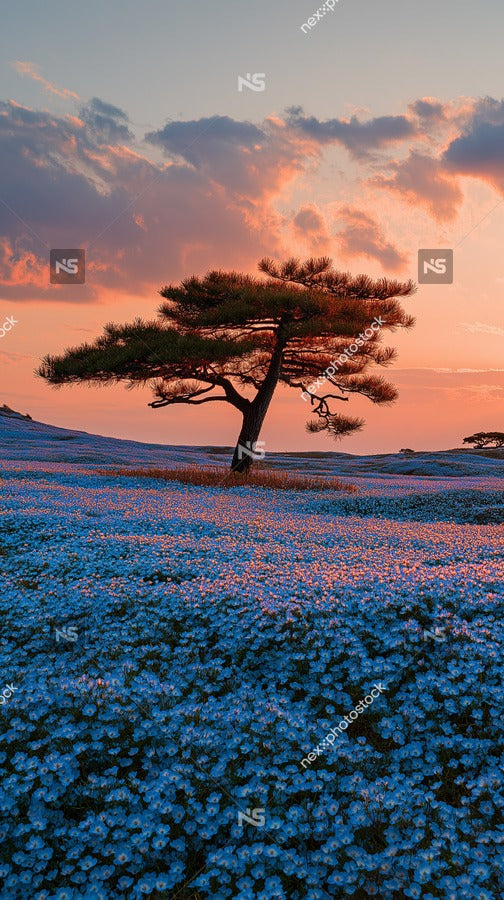 A Sunset Over A Field Of Blue Flowers With A Tall Tree And A Clear Sky — Stock Photo