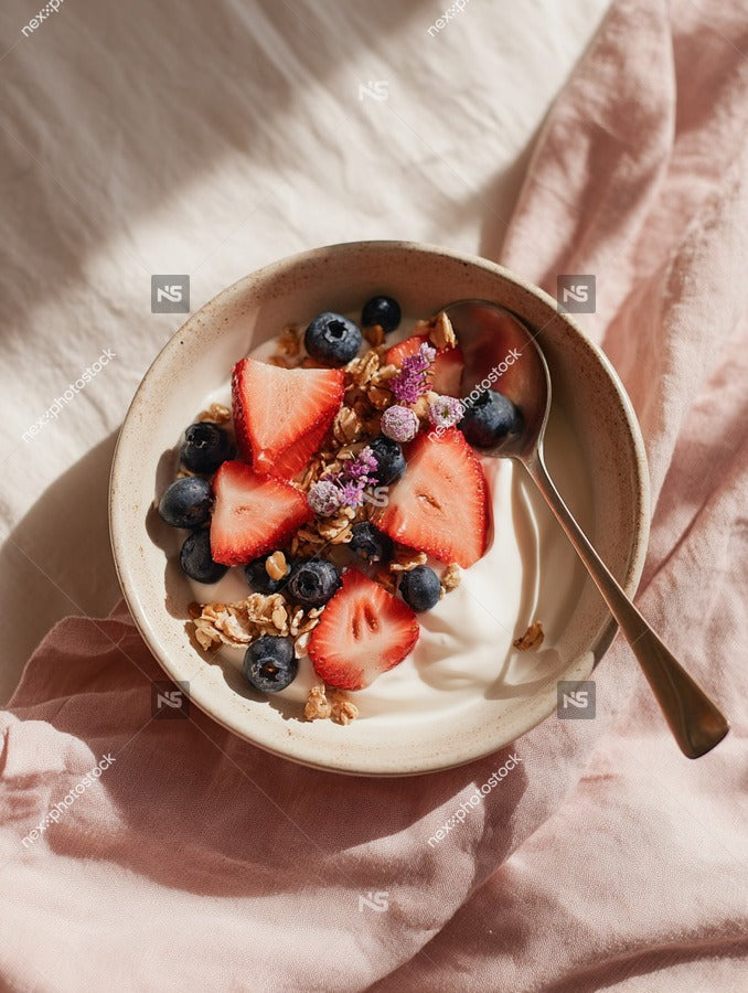 A Bowl Of Cereal Topped With Fresh Berries And A Serving Of Milk Placed On A Pink Fabric Surface — Stock Photo
