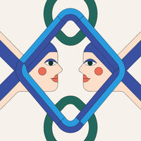 Abstract Art Illustration With Two Human Faces In A Symmetrical Pattern Against A Blue Background — Stock Vector
