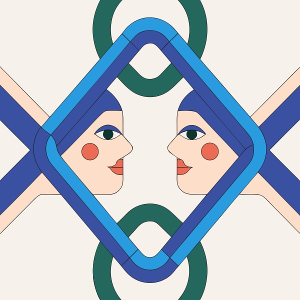 Abstract Art Illustration With Two Human Faces In A Symmetrical Pattern Against A Blue Background — Stock Vector
