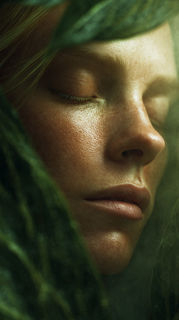 A Woman Peeking Through A Plant With Her Face Partially Obscured By The Leaves — Stock Photo