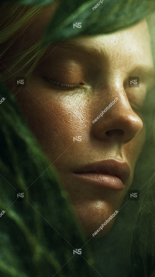 A Woman Peeking Through A Plant With Her Face Partially Obscured By The Leaves — Stock Photo